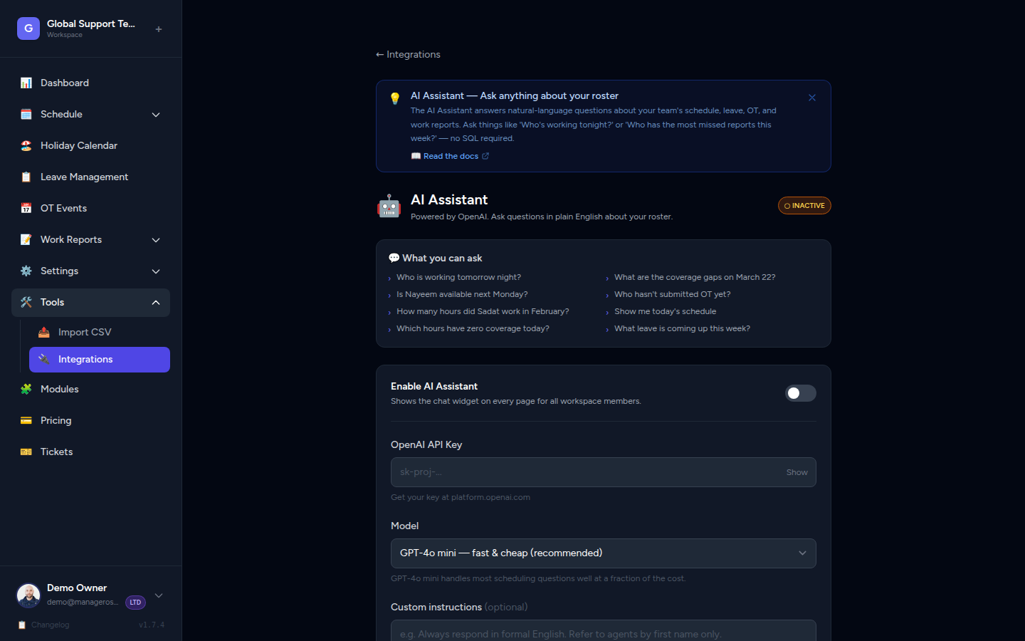 AI Assistant admin configuration panel