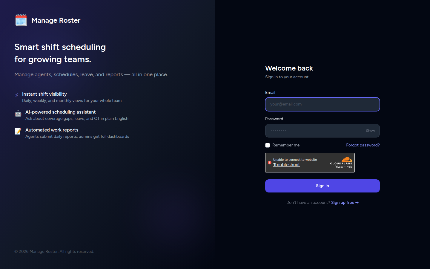 Manage Roster login page