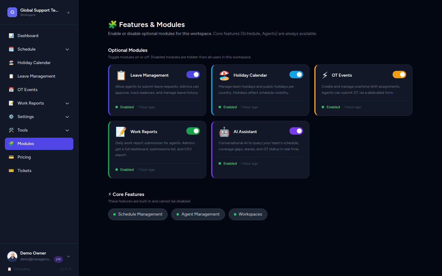 Workspace Modules settings page showing feature toggles for each module