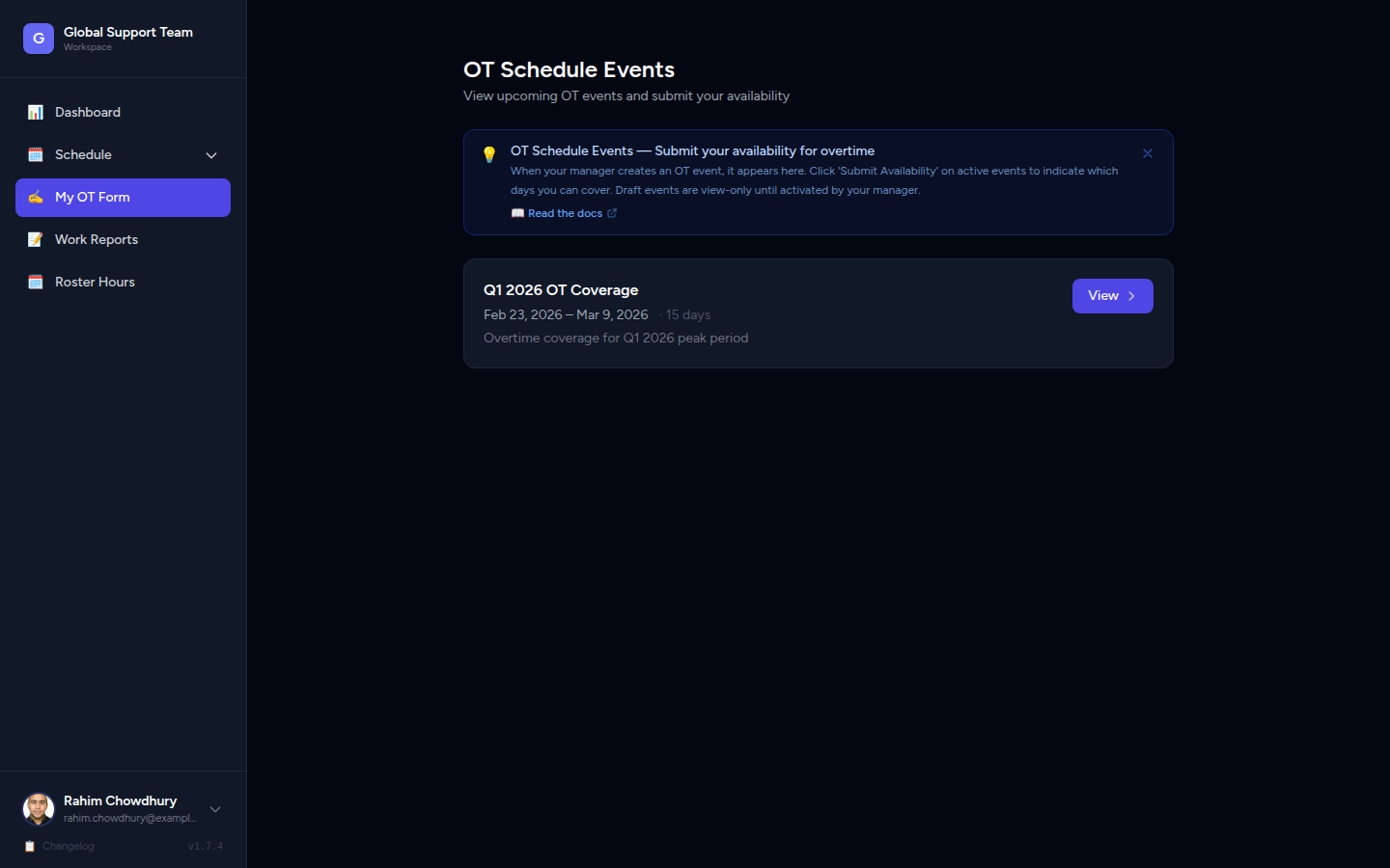 Agent view — My OT Events page showing available events to submit availability for