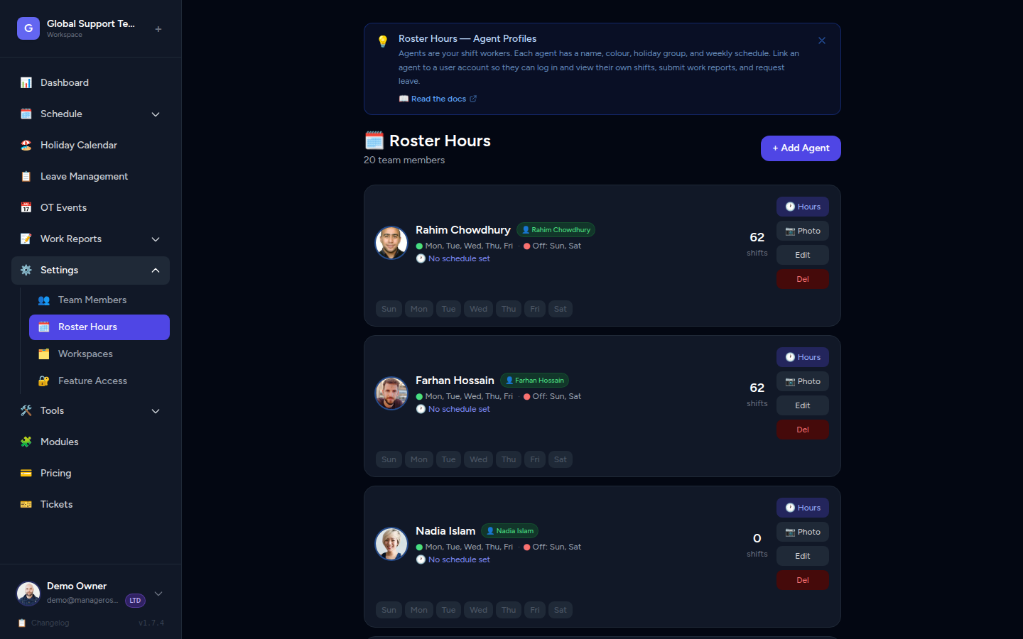 Agent cards showing schedule and working hours