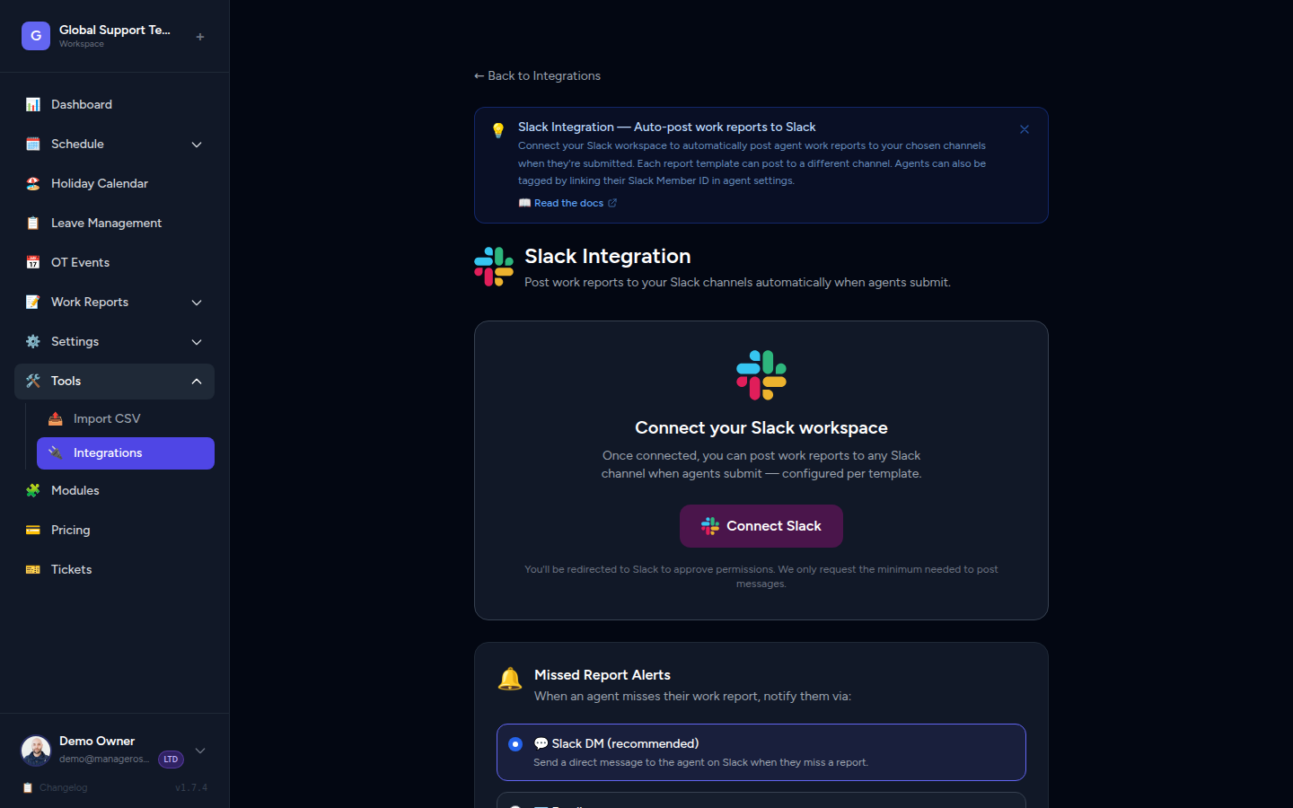 Slack integration settings page