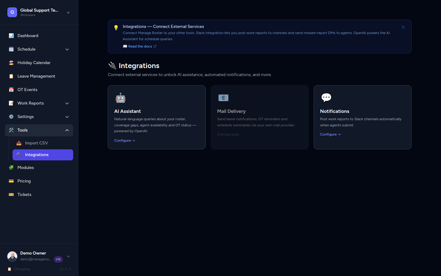 Integrations page showing Slack connection and Alert Notifications configuration card