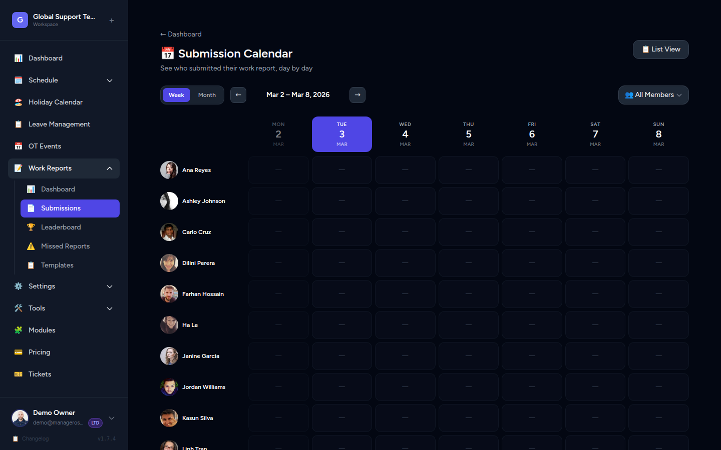 Work Report Calendar View showing a colour-coded agent × date submission grid